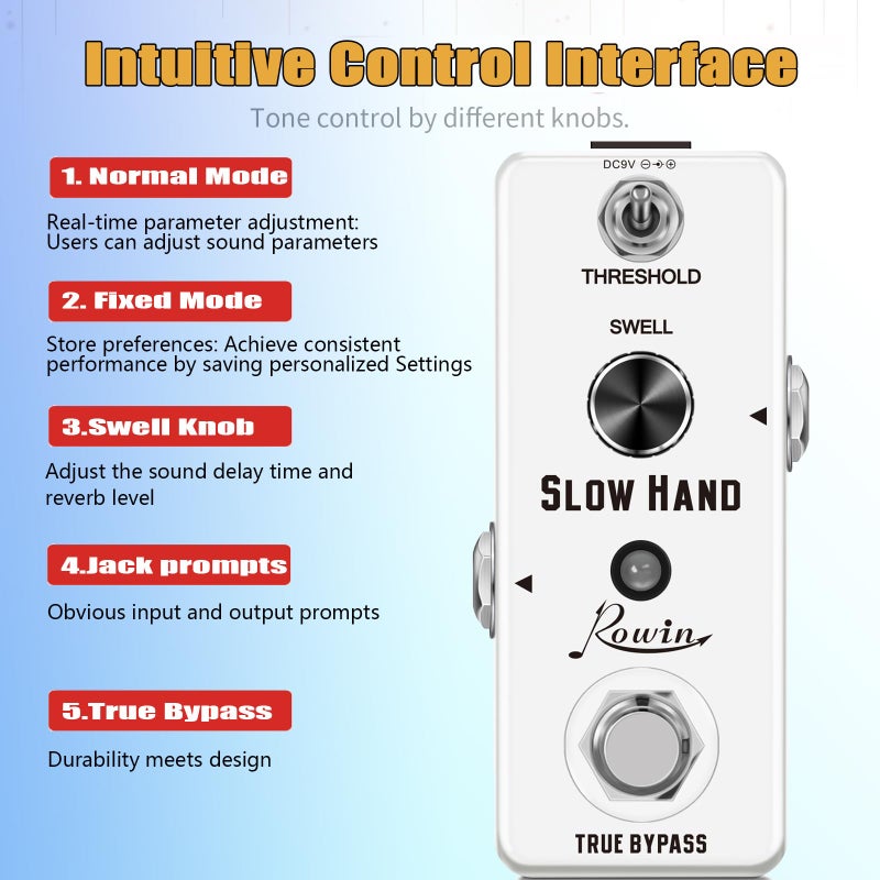 Rowin Digital Slow Hand Guitar Pedal Slow Gear Combine Reverb or Delay for Electric Guitar Bass True Bypass (LEF-326) - Image 3